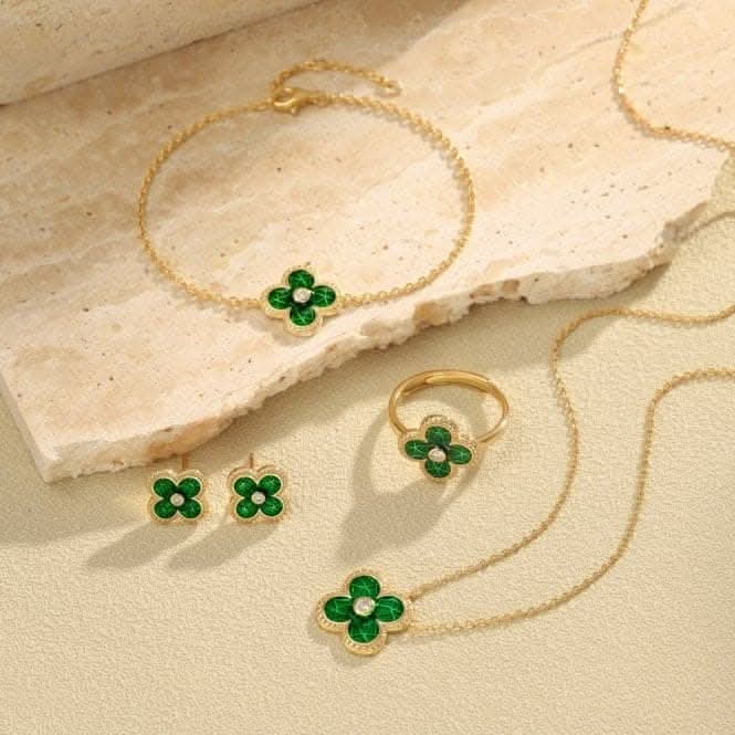 Sterling Silver Gold Plated Adjustable Green Lucky 4 Leaf Ring ERLR005