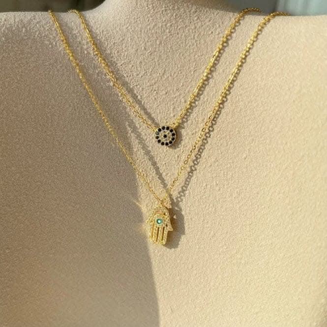Sterling Silver Gold Plated Double Chain Evil Eye Necklace ERLN037