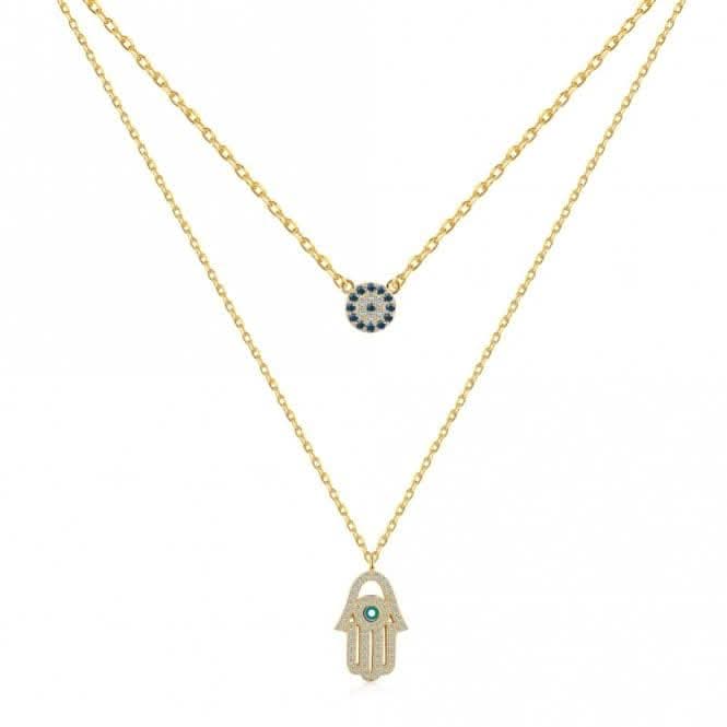 Sterling Silver Gold Plated Double Chain Evil Eye Necklace ERLN037