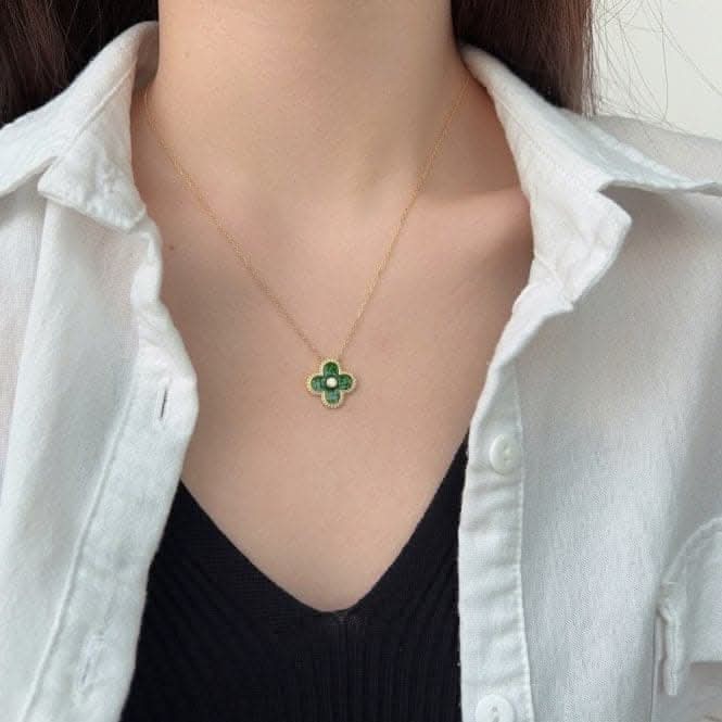 Sterling Silver Gold Plated Green Lucky 4 Leaf Necklace ERLN029