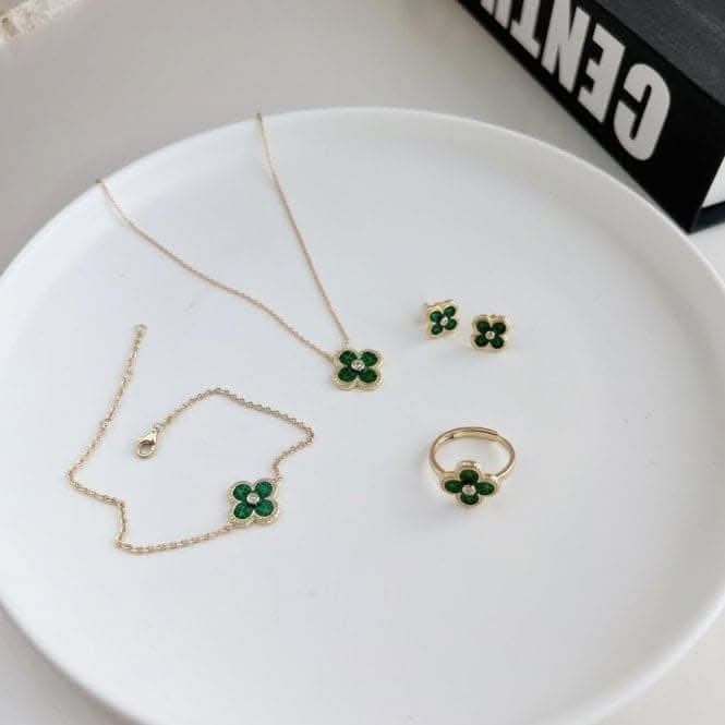 Sterling Silver Gold Plated Green Lucky 4 Leaf Necklace ERLN029
