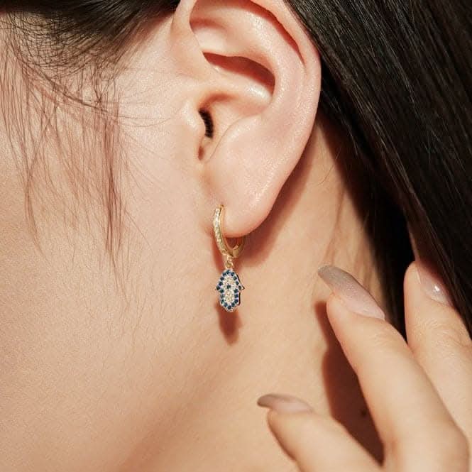 Sterling Silver Gold Plated Hand Of Fatima Hoop Earrings ERLE083