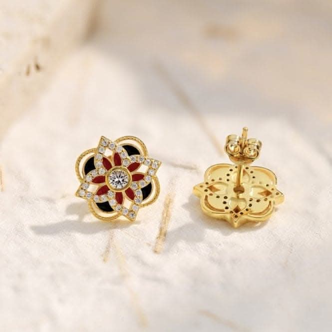 Sterling Silver Gold Plated Sparkling Zirconia Lucky 4 Leaf Stud Earrings ERLE075