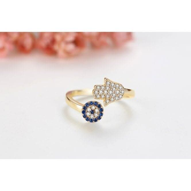 Sterling Silver Gold Sparkling Zirconia Adjustable Hand Of Fatima Ring ERLR015