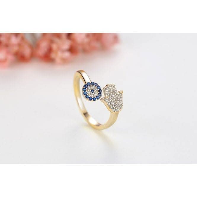 Sterling Silver Gold Sparkling Zirconia Adjustable Hand Of Fatima Ring ERLR015