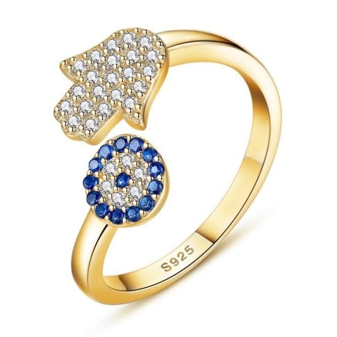 Sterling Silver Gold Sparkling Zirconia Adjustable Hand Of Fatima Ring ERLR015