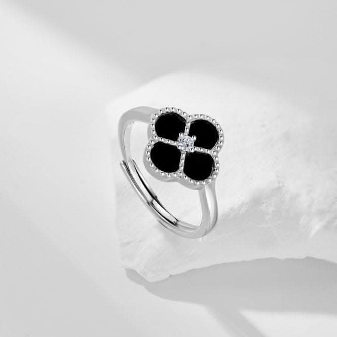 Sterling Silver Rhodium Plated Adjustable Black Lucky 4 Leaf Ring ERLR007