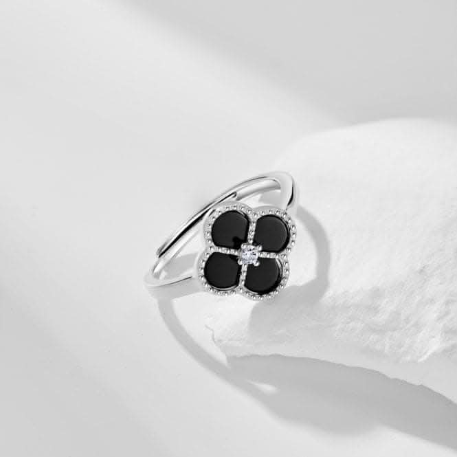 Sterling Silver Rhodium Plated Adjustable Black Lucky 4 Leaf Ring ERLR007