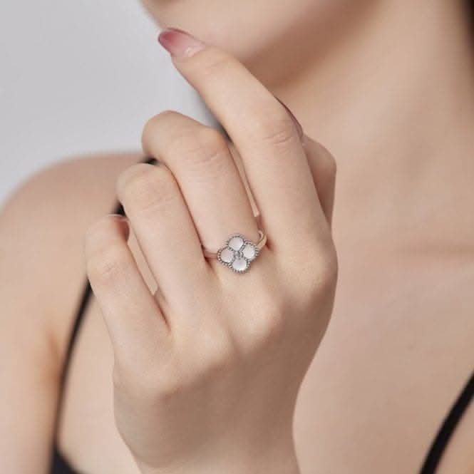 Sterling Silver Rhodium Plated Adjustable White Lucky 4 Leaf Ring ERLR008