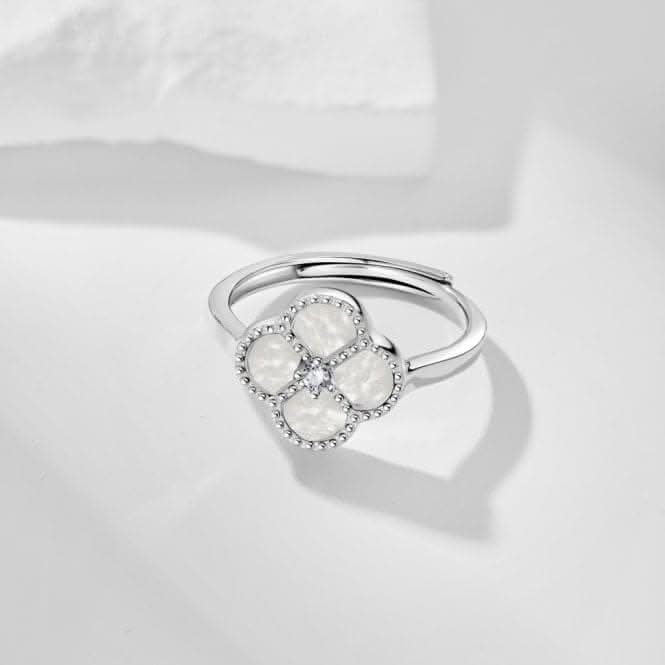 Sterling Silver Rhodium Plated Adjustable White Lucky 4 Leaf Ring ERLR008