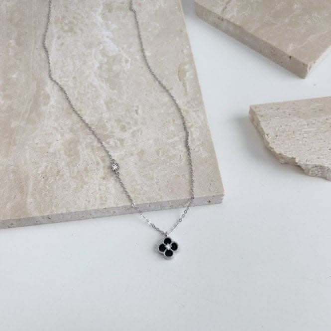 Sterling Silver Rhodium Plated Black Lucky 4 Leaf Necklace ERLN033