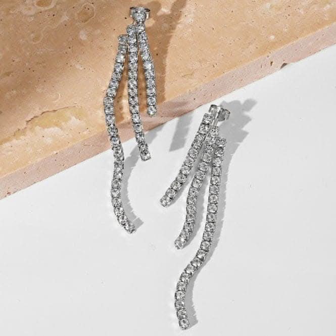 Sterling Silver Rhodium Plated Graduated Drop Sparkling Strand Earrings ERLE037