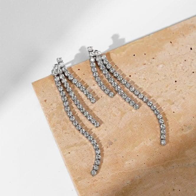 Sterling Silver Rhodium Plated Graduated Drop Sparkling Strand Earrings ERLE037