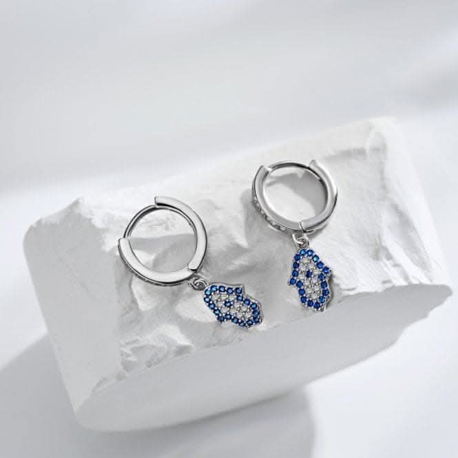 Sterling Silver Rhodium Plated Hand Of Fatima Hoop Earrings ERLE084