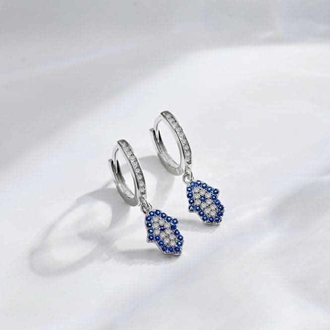 Sterling Silver Rhodium Plated Hand Of Fatima Hoop Earrings ERLE084