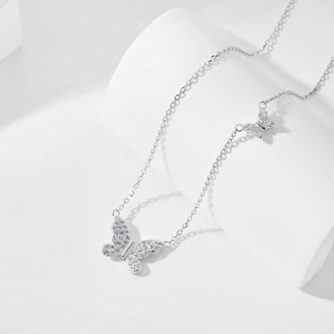 Sterling Silver Rhodium Plated Sparkling Butterfly Necklace ERLN023