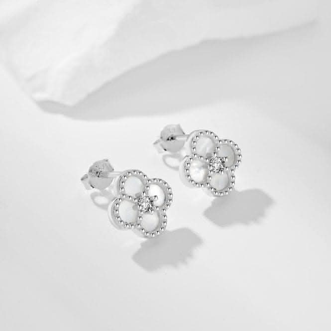 Sterling Silver Rhodium Plated White Lucky 4 Leaf Earrings ERLE079