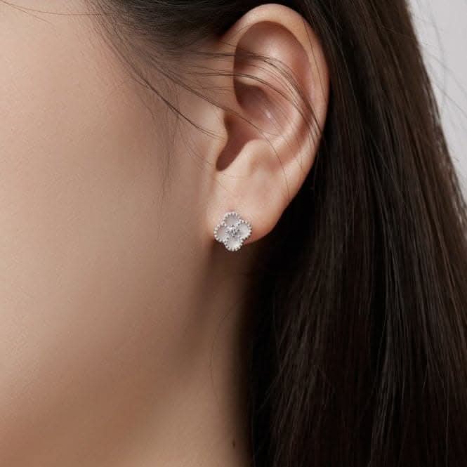 Sterling Silver Rhodium Plated White Lucky 4 Leaf Earrings ERLE079