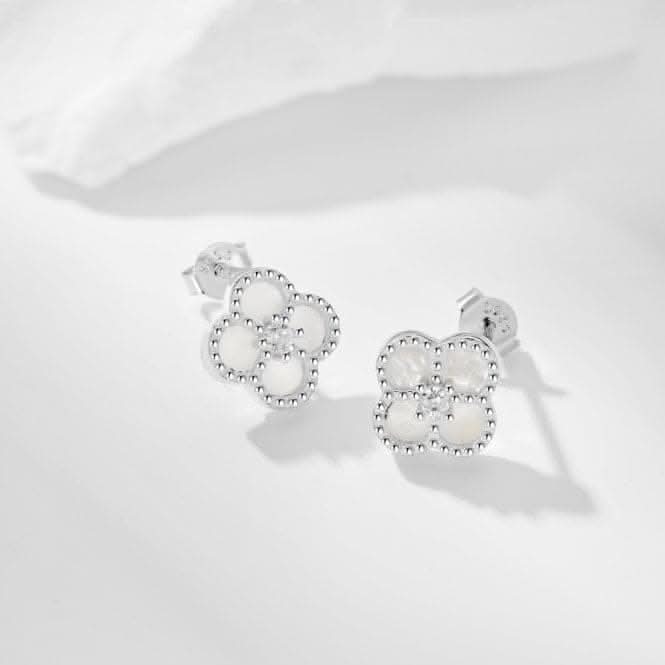 Sterling Silver Rhodium Plated White Lucky 4 Leaf Earrings ERLE079