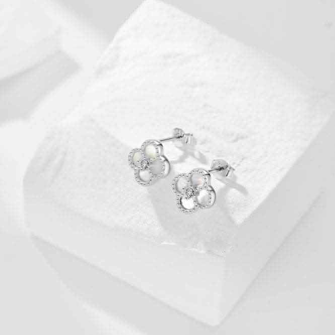 Sterling Silver Rhodium Plated White Lucky 4 Leaf Earrings ERLE079