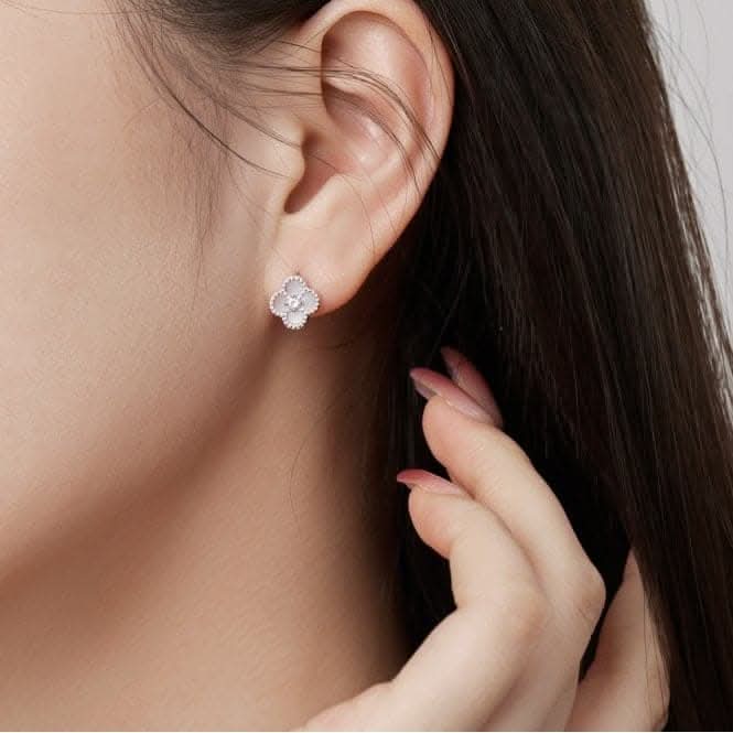 Sterling Silver Rhodium Plated White Lucky 4 Leaf Earrings ERLE079