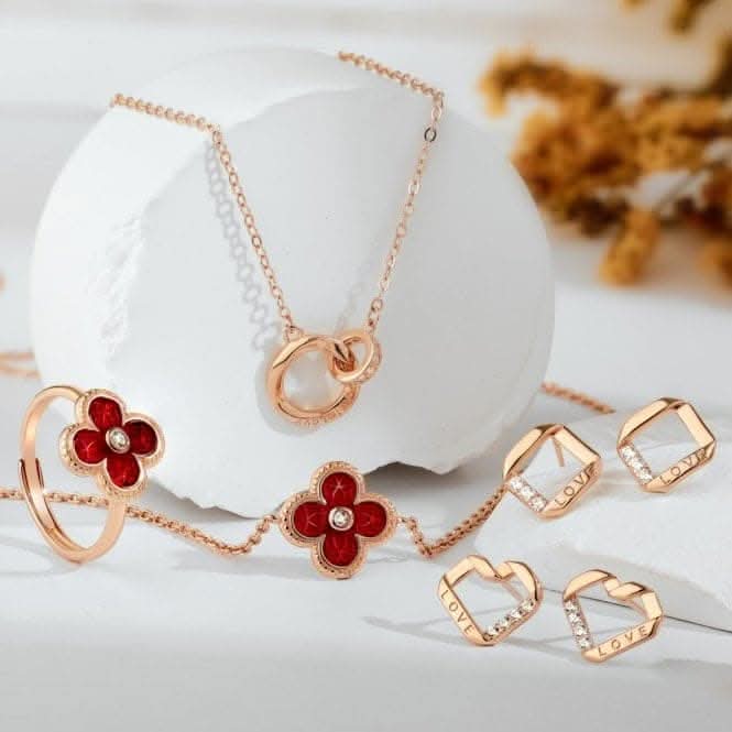 Sterling Silver Rose Gold Plated Adjustable Red Lucky 4 Leaf Ring ERLR006