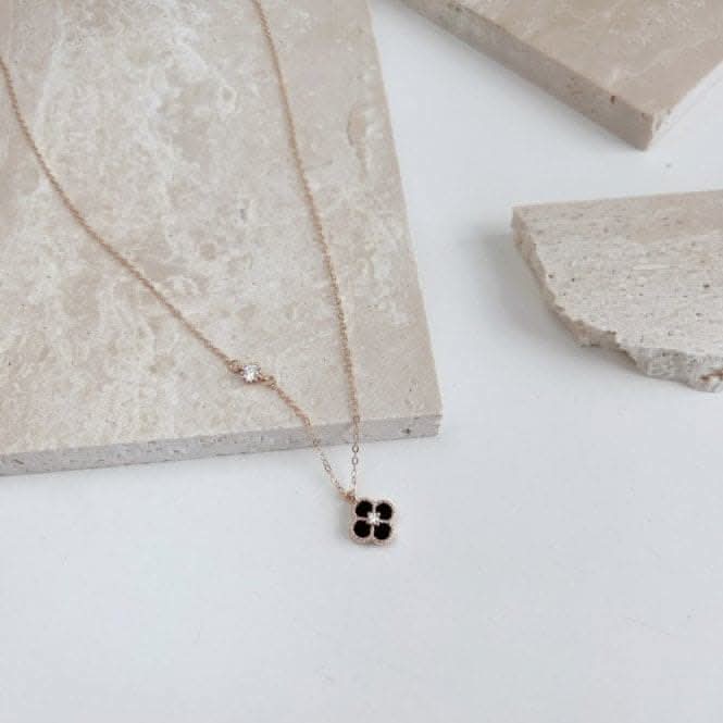 Sterling Silver Rose Gold Plated Black Lucky 4 Leaf Necklace ERLN031