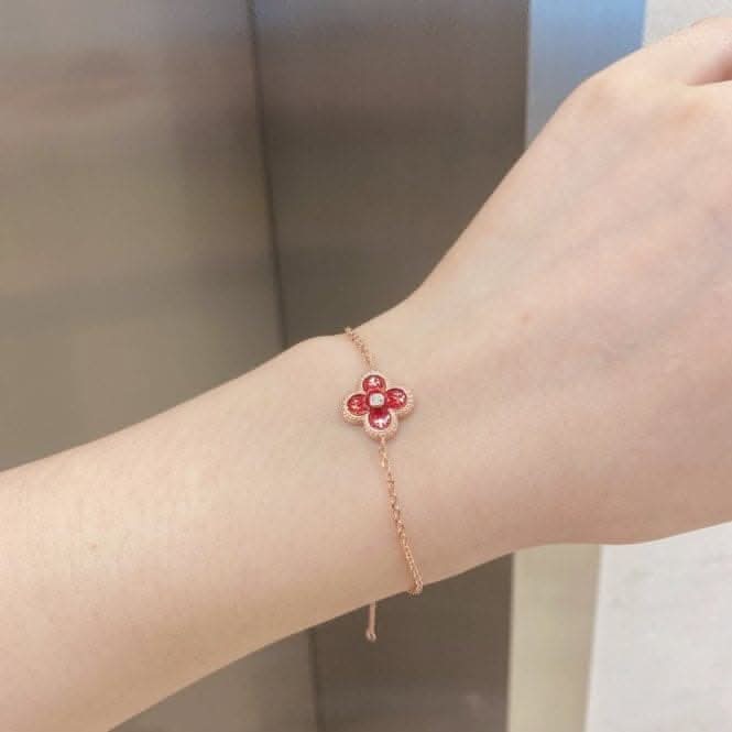 Sterling Silver Rose Gold Plated Red Lucky 4 Leaf Bracelet ERLB041