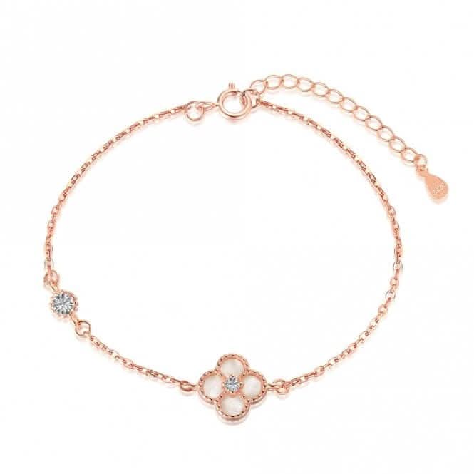 Sterling Silver Rose Gold Plated White Lucky 4 Leaf Bracelet ERLB043