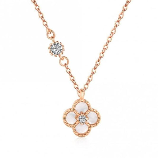 Sterling Silver Rose Gold Plated White Lucky 4 Leaf Necklace ERLN032