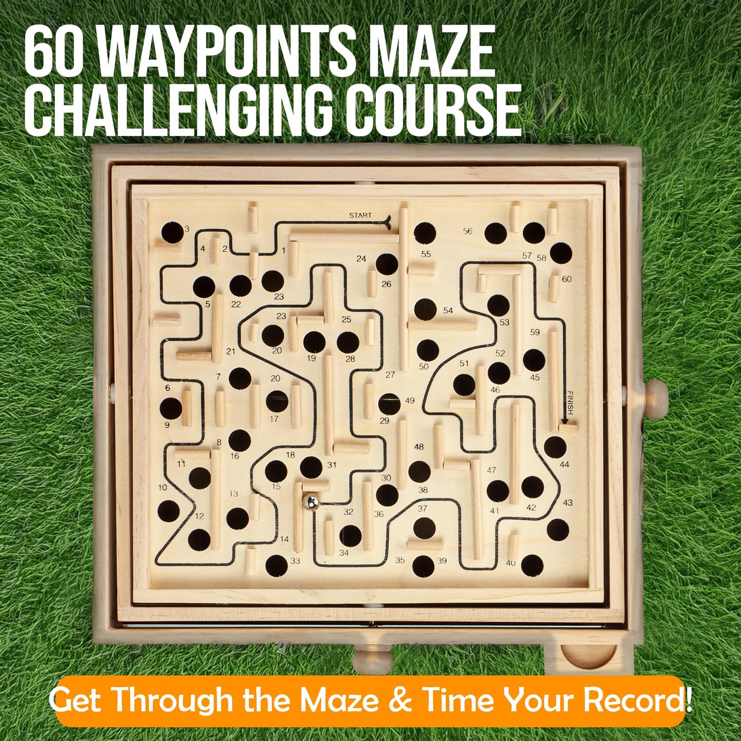 STERLING Wooden Labyrinth Marble Maze Game – Large Tilt Board with 60 Waypoints, Marble Balls Included
