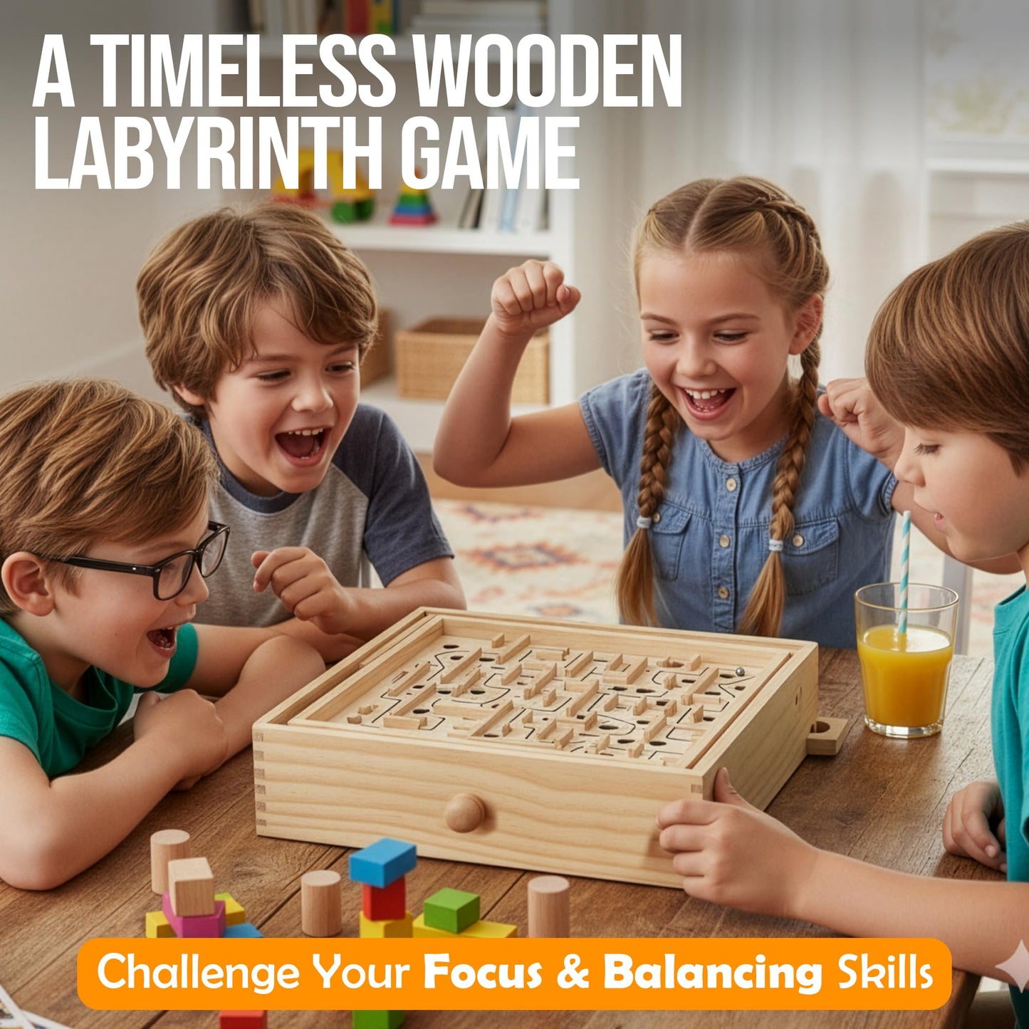 STERLING Wooden Labyrinth Marble Maze Game – Large Tilt Board with 60 Waypoints, Marble Balls Included