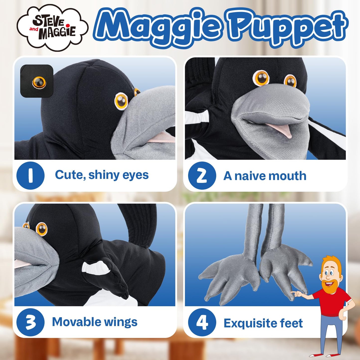 Steve and Maggie Magpie Hand Puppet – 30-Inch Plush Toy for Kids 1+ | Interactive Storytelling