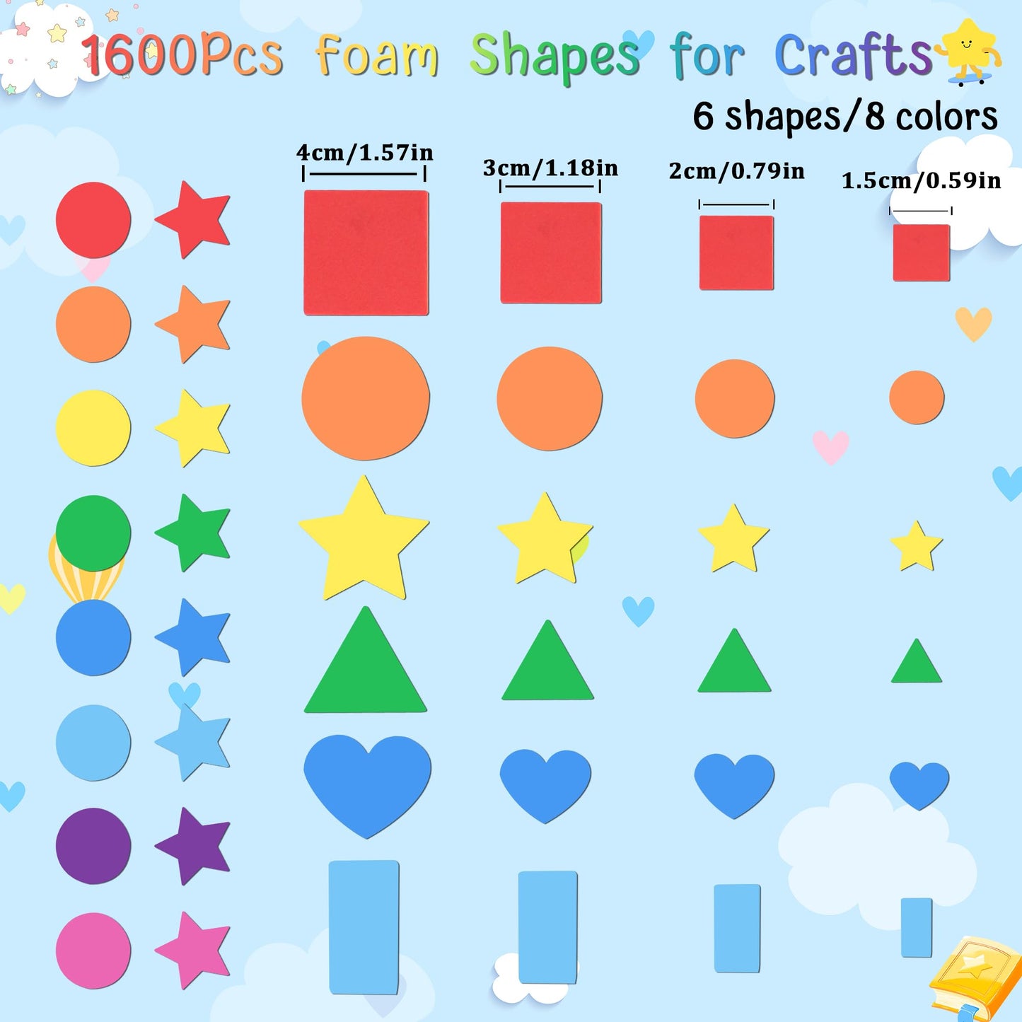 Sticeard 1600 Pcs Foam Stickers – 16 Sheets Self-Adhesive Multicolor Shapes for Crafts