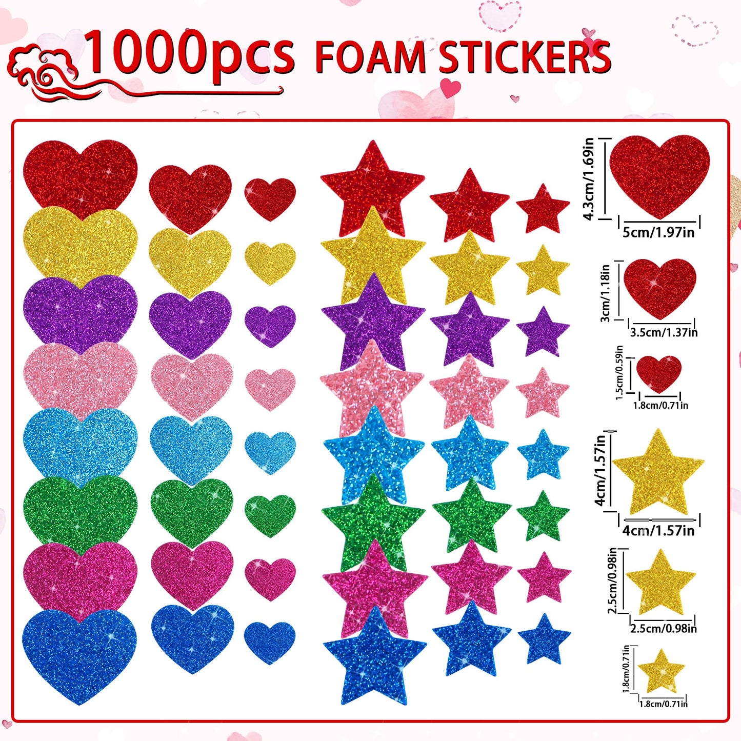 Sticeard 1000 PCS Foam Stickers – Glitter Heart & Star, Self-Adhesive