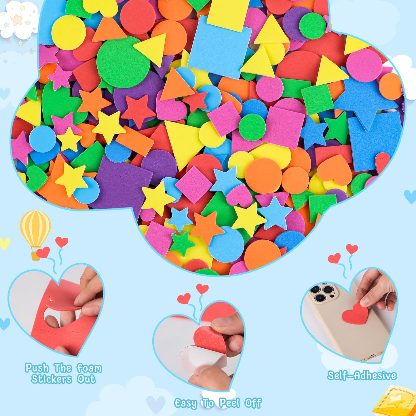 Sticeard 1600 Pcs Foam Stickers – 16 Sheets Self-Adhesive Multicolor Shapes for Crafts