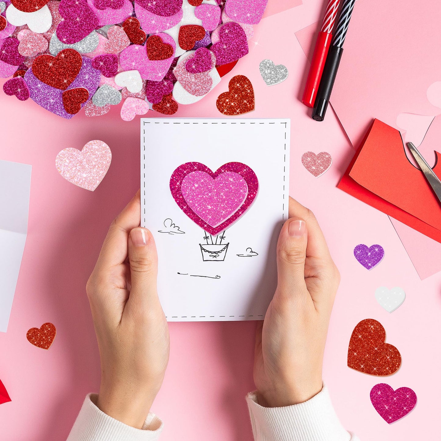 Sticeard 1040 PCS Glitter Heart Foam Stickers – Self-Adhesive Valentine’s Day Crafts & Scrapbooking