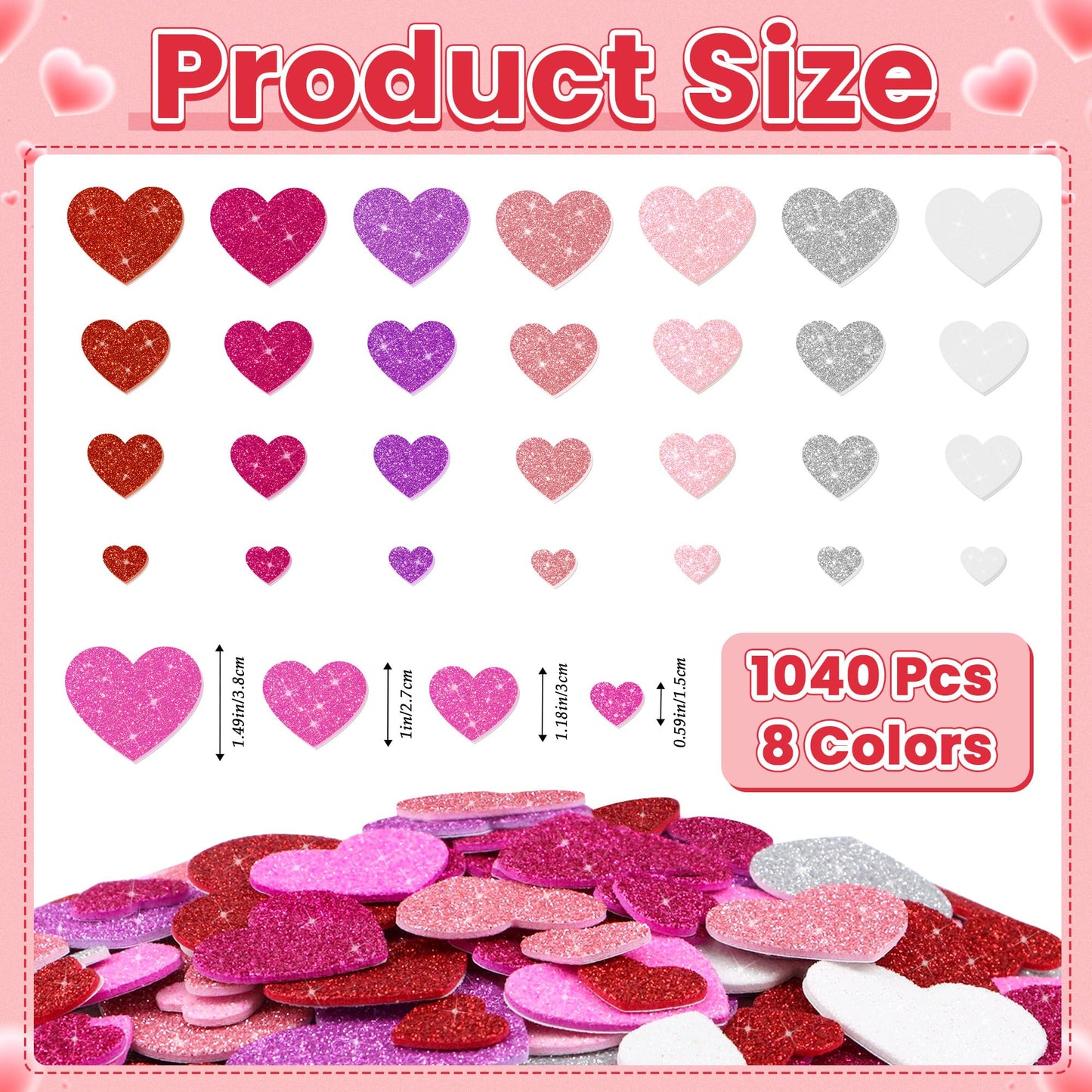 Sticeard 1040 PCS Glitter Heart Foam Stickers – Self-Adhesive Valentine’s Day Crafts & Scrapbooking