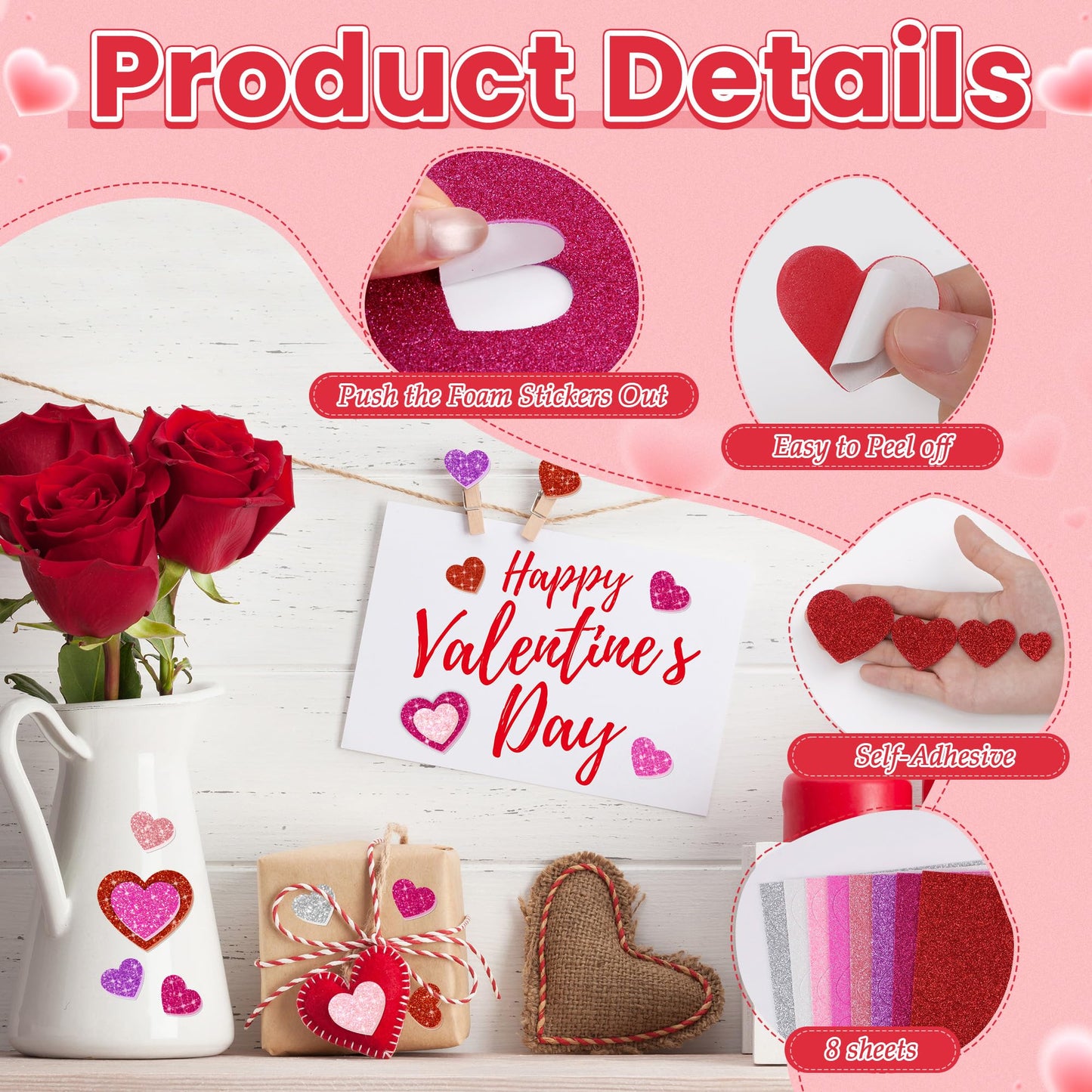Sticeard 1040 PCS Glitter Heart Foam Stickers – Self-Adhesive Valentine’s Day Crafts & Scrapbooking