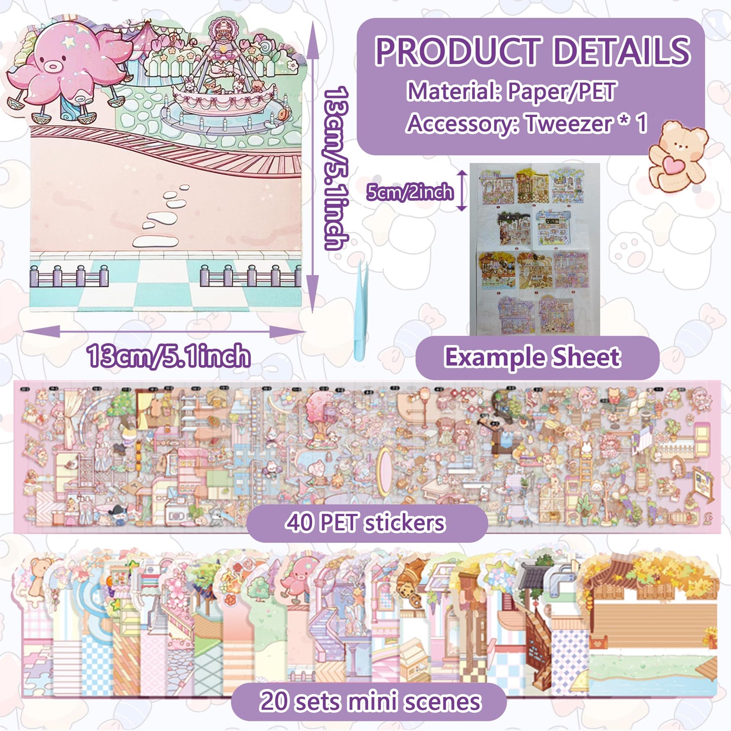 20 Sets 3D Sticker Scenes for Kids and Adults | Portable Tweezer Box Kit | Sticker Therapy for Creative Relaxation