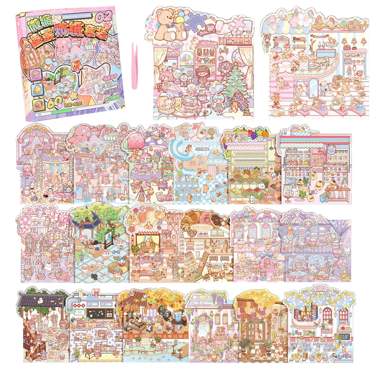 20 Sets 3D Sticker Scenes for Kids and Adults | Portable Tweezer Box Kit | Sticker Therapy for Creative Relaxation