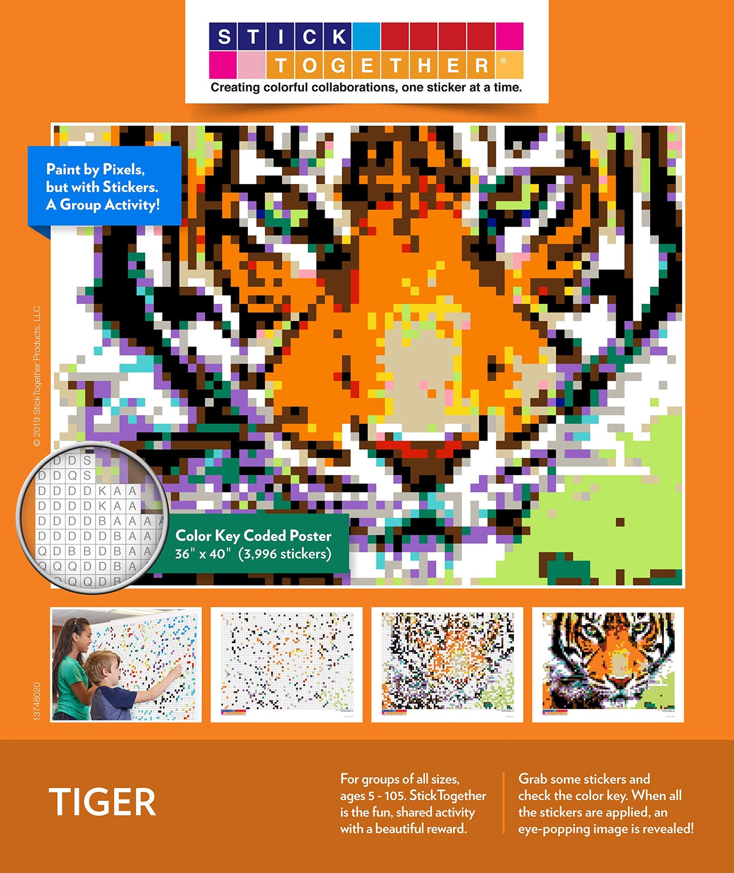 StickTogether Huge Mosaic Puzzle Poster Kit – Tiger, 40” x 36” | No Mess Paint by Sticker | Group Project