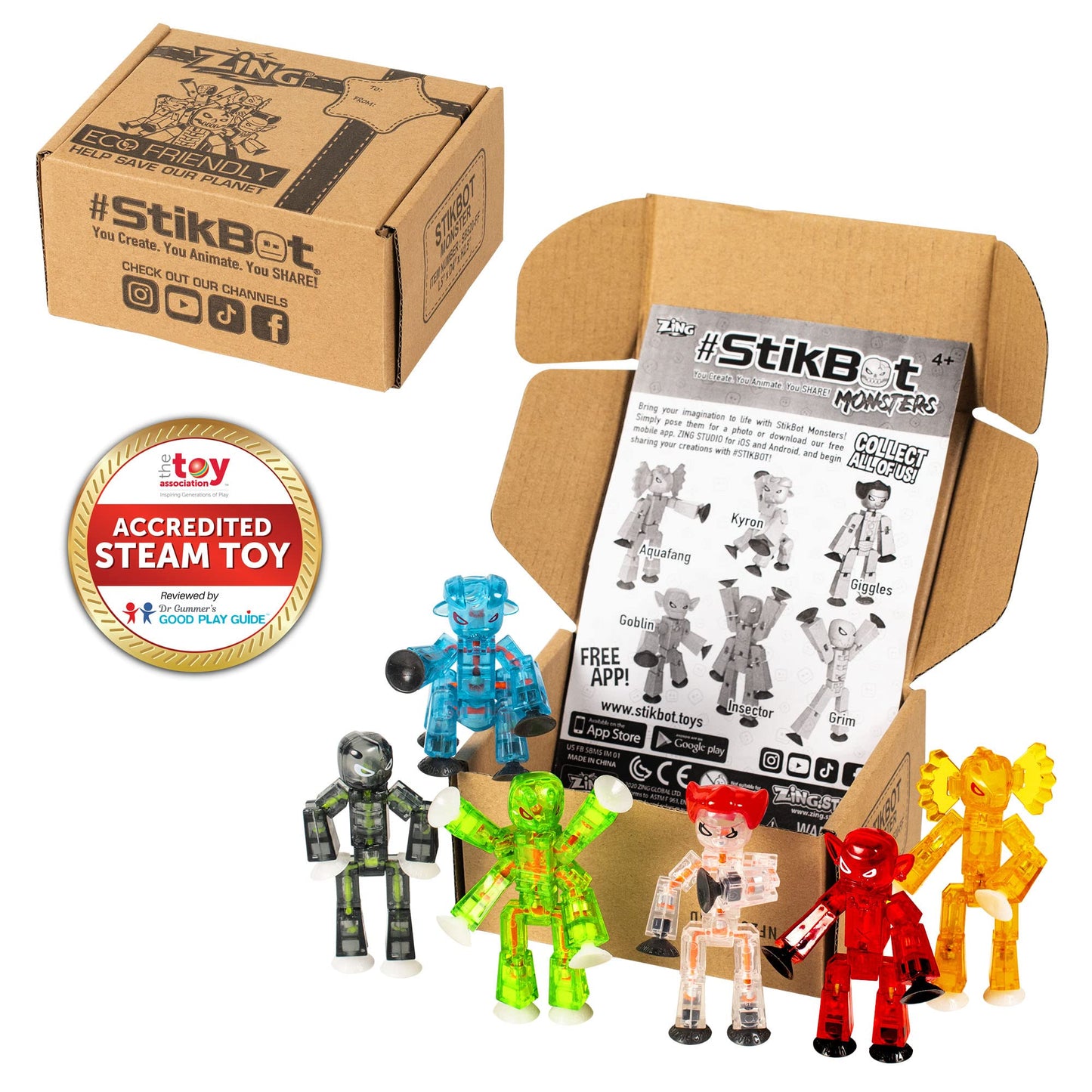 StikBot Zing Monsters: Complete Set of 6 Poseable Monster Figures – Giggles, Goblin, Insector, Grim, Aquafang & Kyron