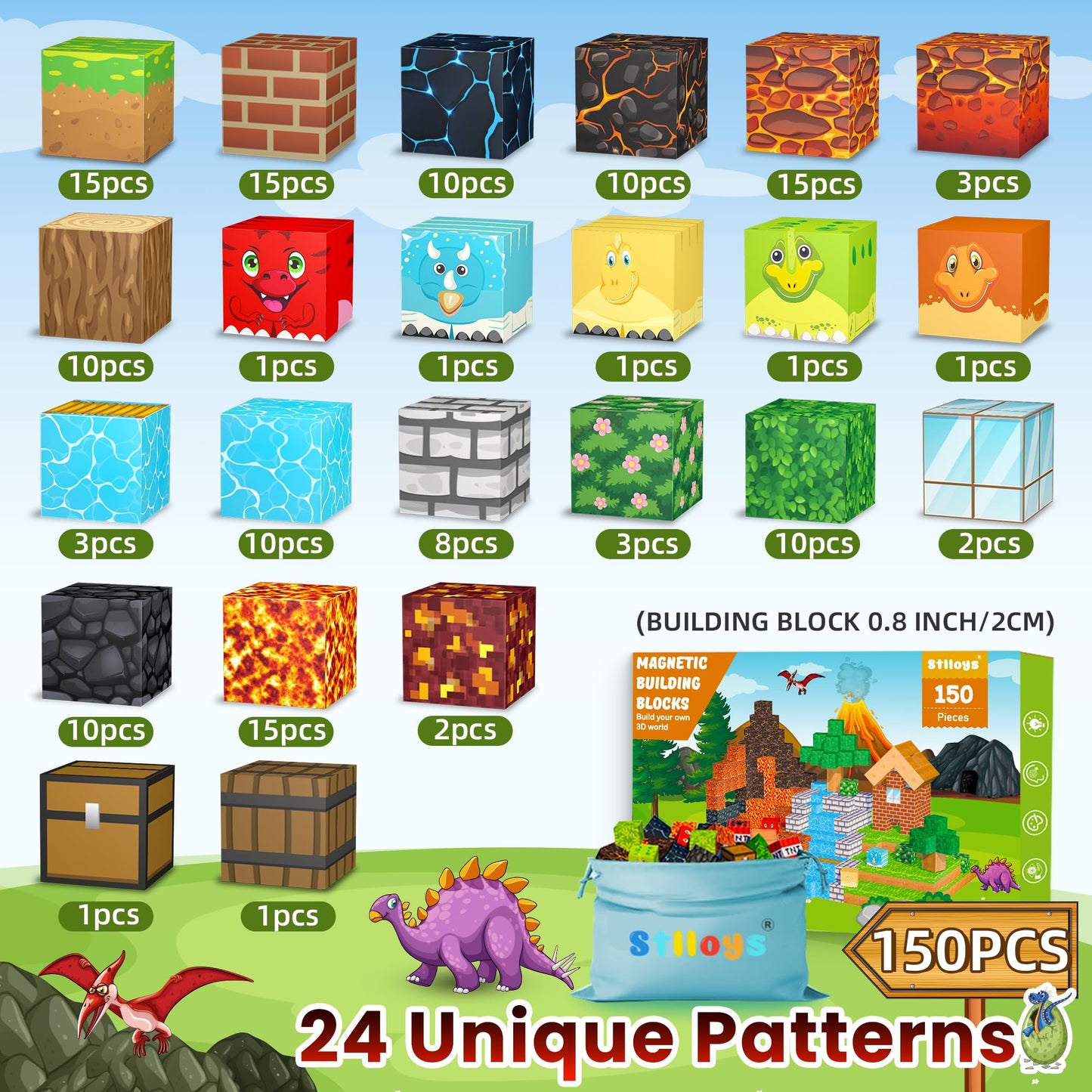 Stlloys 150PCS Magnetic Blocks – STEM Dinosaur Building Toys for Kids 3-12