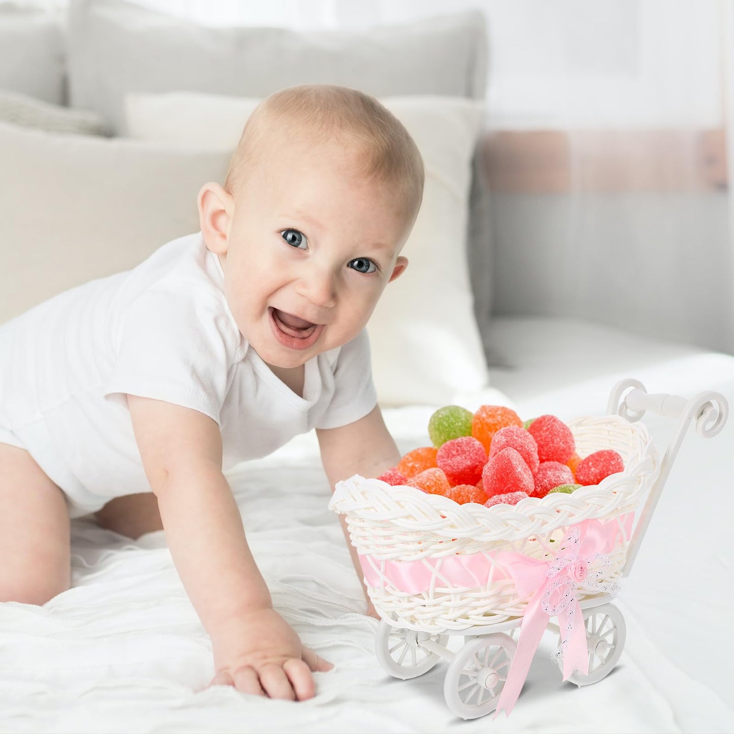 STOBOK Wicker Baby Carriage Basket – Mini Candy Holder & Centerpiece (9.4 x 6.7 x 5.5 in)