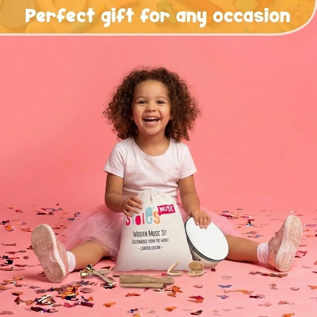 Stoie's Wooden Toddler Musical Instruments Set – Drum, Flute, Bells & More | Eco Friendly Montessori Toy