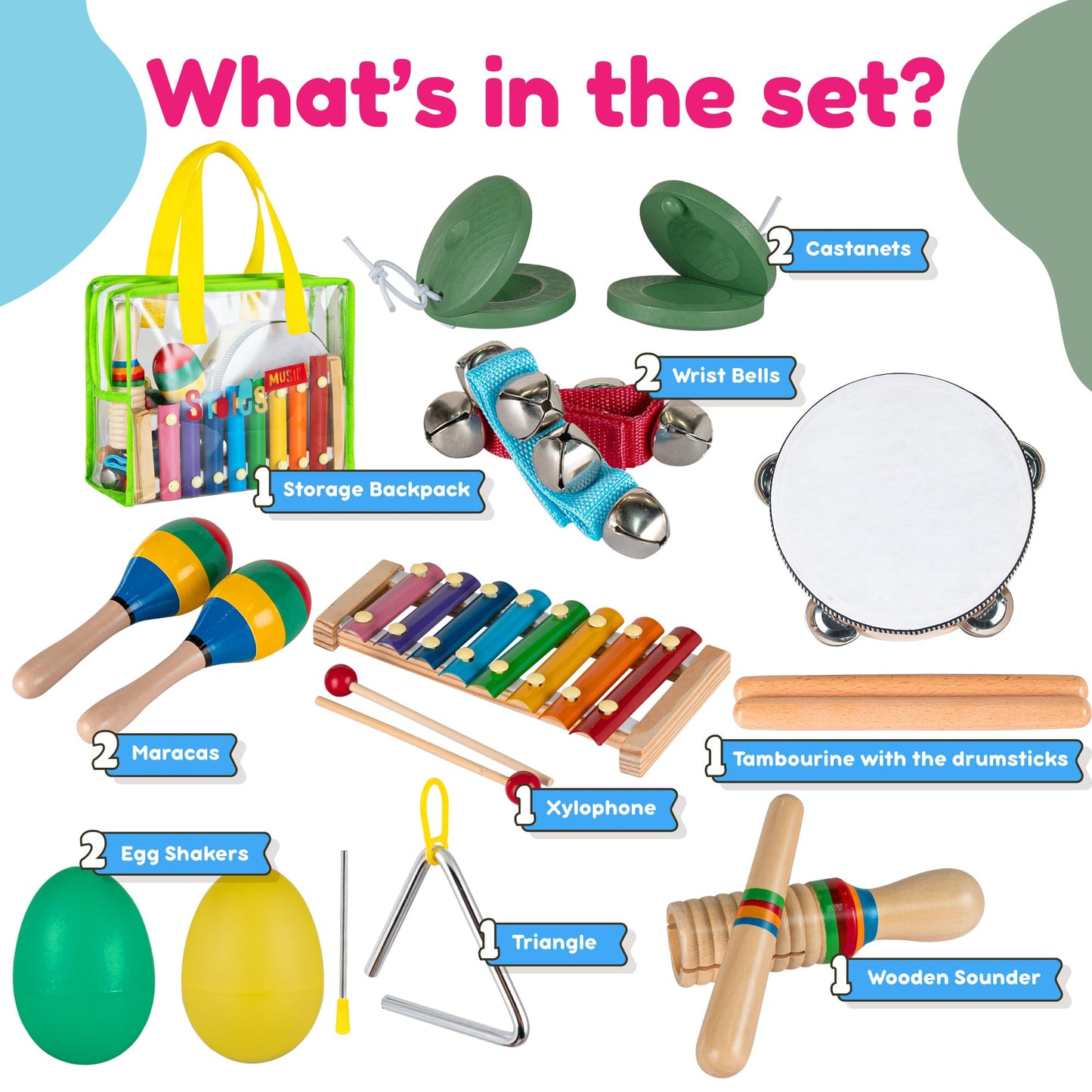 Stoie's Kids Musical Instruments Set – Wooden Toddler Percussion Toys (Xylophone, Tambourine, Maracas)
