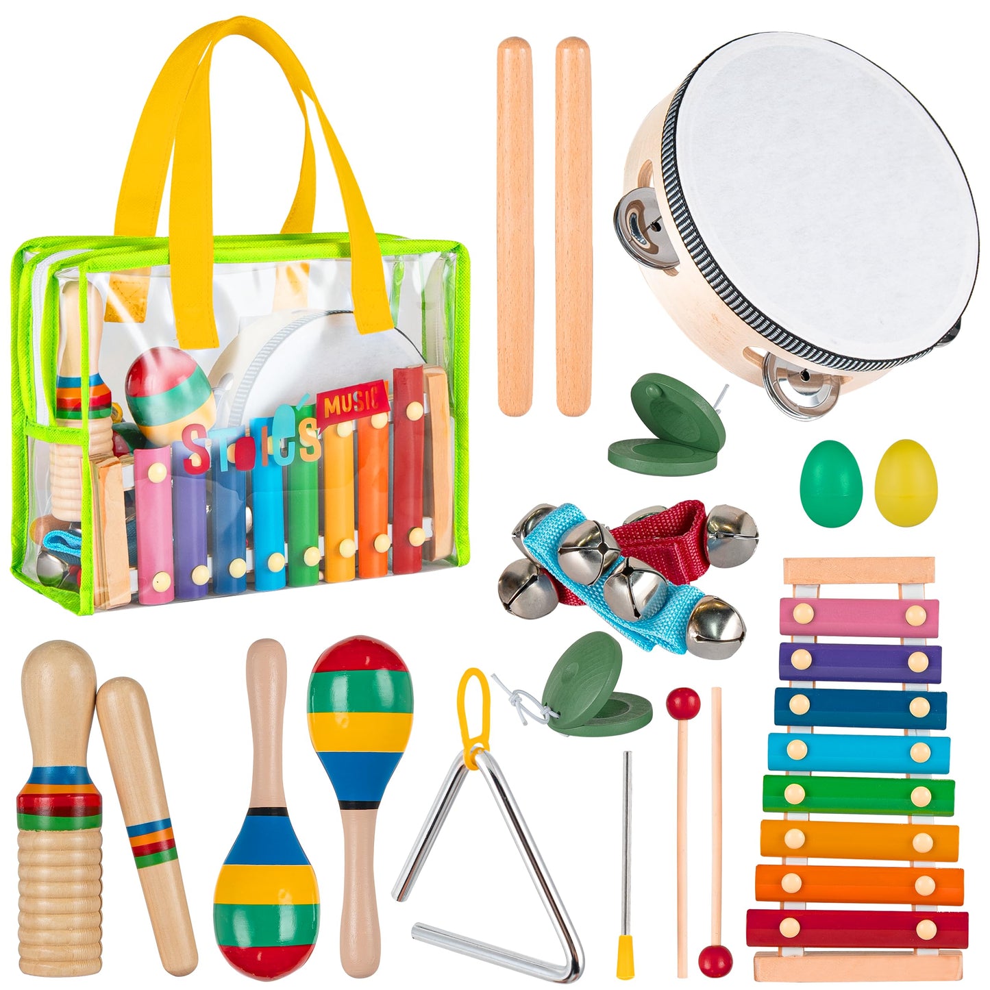 Stoie's Kids Musical Instruments Set – Wooden Toddler Percussion Toys (Xylophone, Tambourine, Maracas)