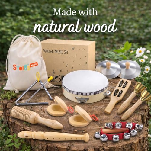 Stoie's Wooden Toddler Musical Instruments Set – Drum, Flute, Bells & More | Eco Friendly Montessori Toy