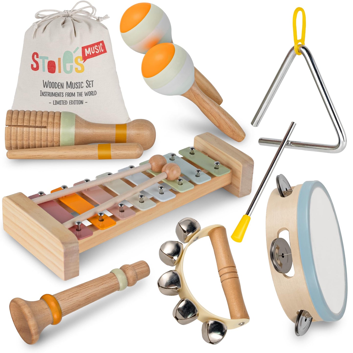 Stoie's Wooden Toddler Musical Instruments – Eco-Friendly Montessori Toy Set with Xylophone, Maracas, Triangle & More